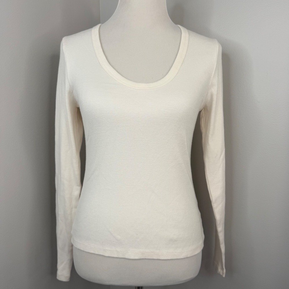 Universal Thread Womens Cream Ribbed Scoop Neck Long Sleeve Top Small New